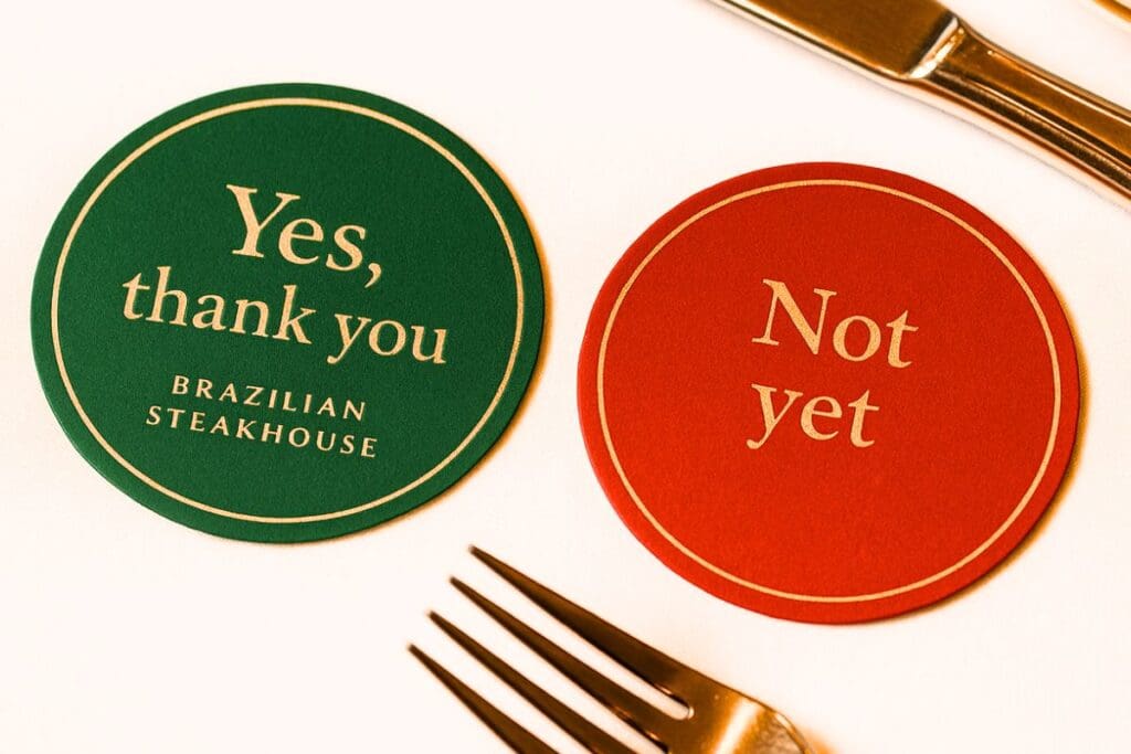 Green and red steakhouse cards reading “Yes, thank you” and “Not yet” — symbolizing how to sell naturally by serving the ready, not chasing the unready.