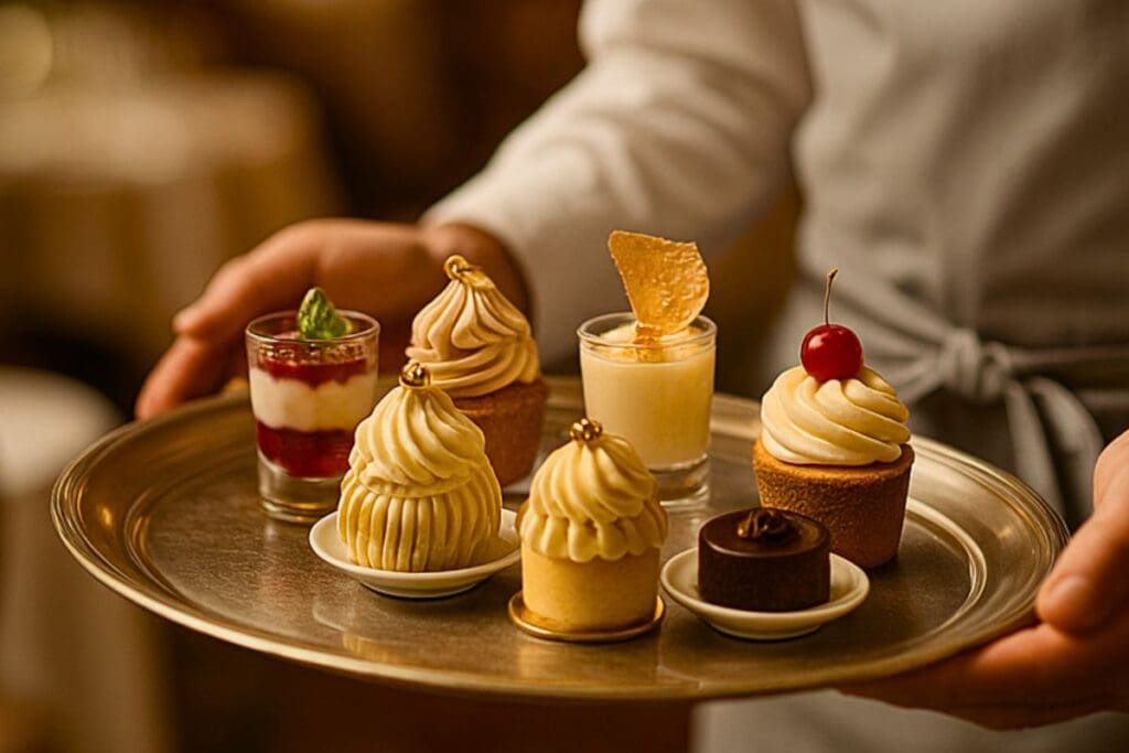 Waiter presenting an elegant tray of desserts — symbolizing the micro-yes strategy for how to sell naturally with confidence.