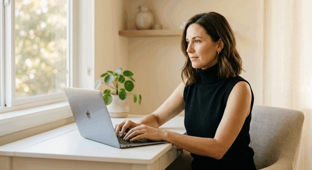 Woman entrepreneur working at home desk — calm authority in network marketing leadership and customer retention strategy