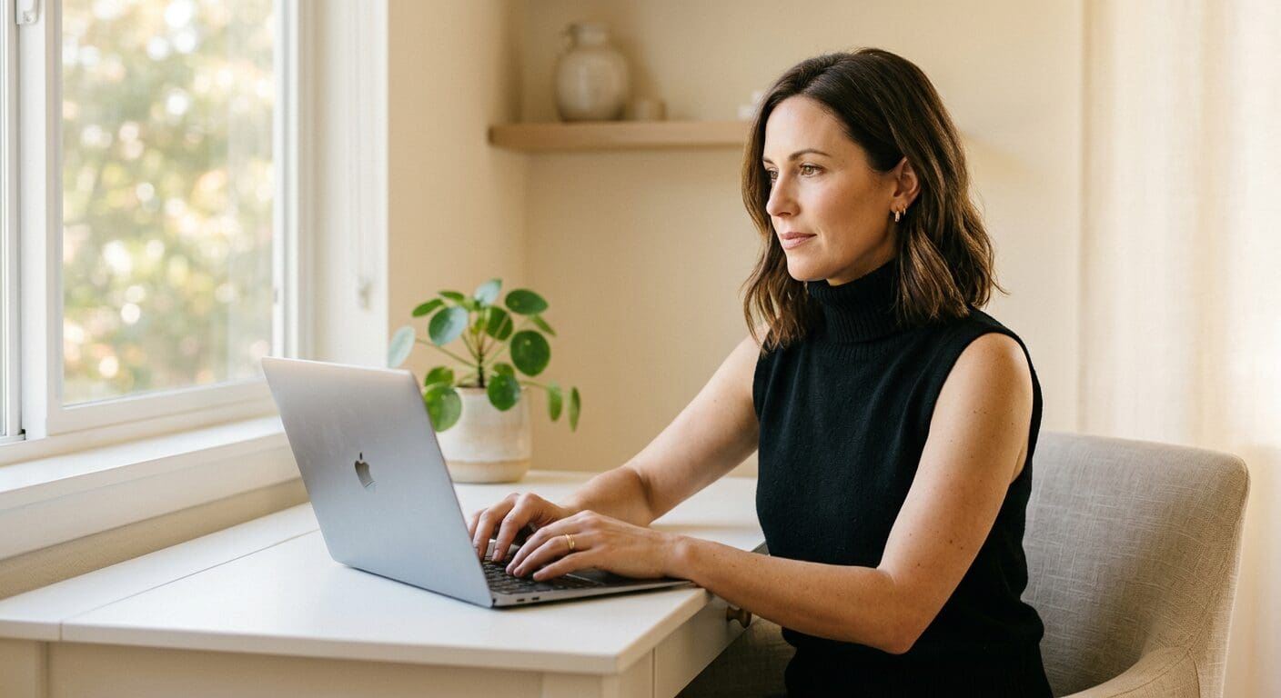 Woman entrepreneur working at home desk — calm authority in network marketing leadership and customer retention strategy