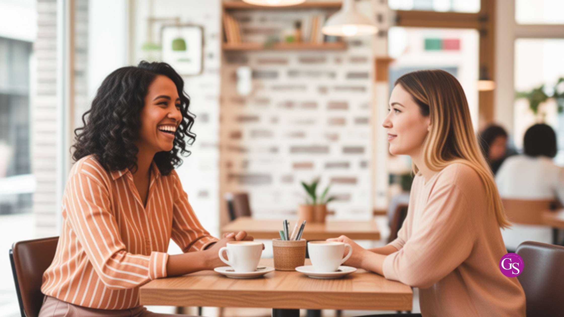 Two women in a warm sales conversation illustrating selling without discounting and calm confidence