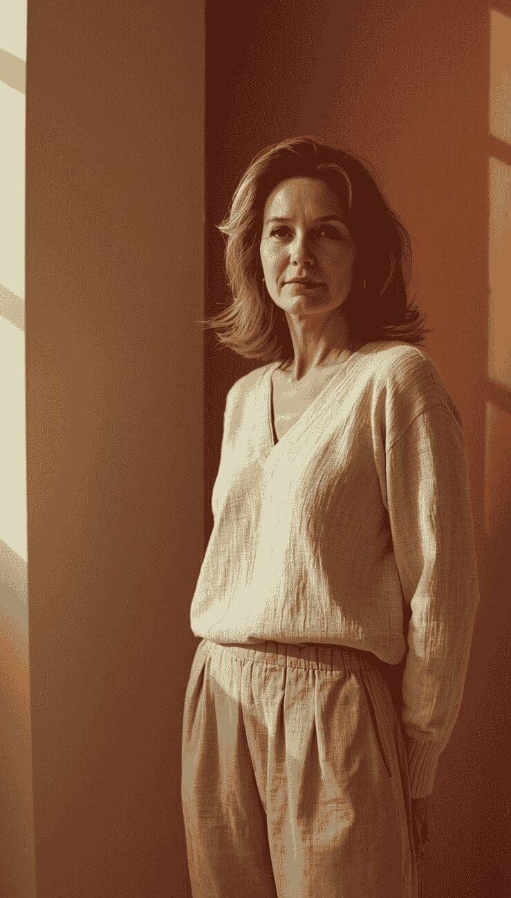 

Woman in linen standing in warm terracotta light — leadership identity and calm confidence coaching with Genevieve Skory
