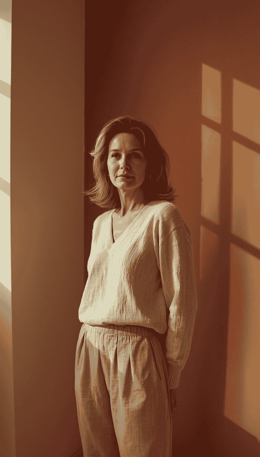Woman in linen standing in warm terracotta light — leadership identity and calm confidence coaching with Genevieve Skory