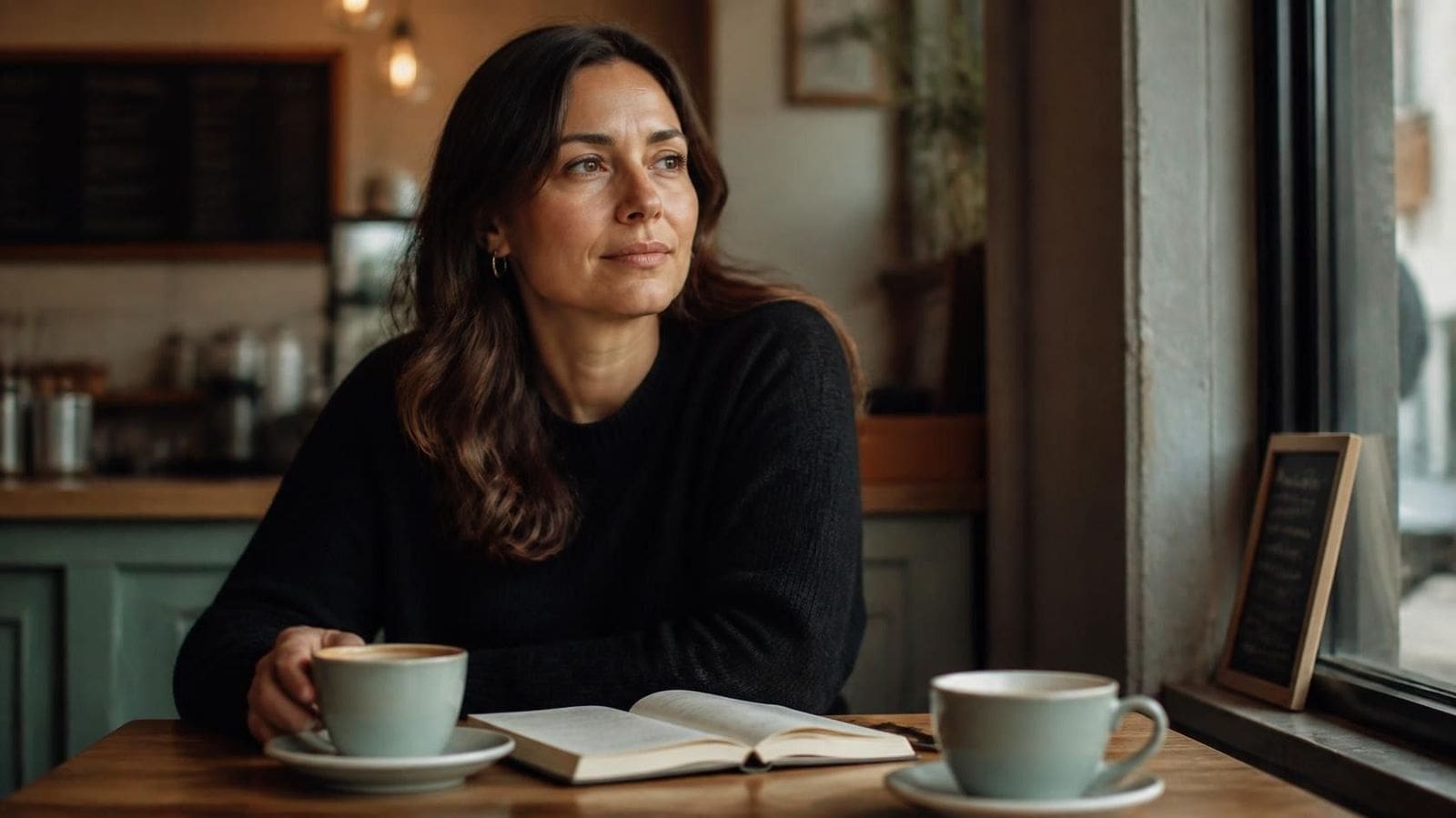 Woman reflecting over coffee with an open book, on how to follow up without being pushy
